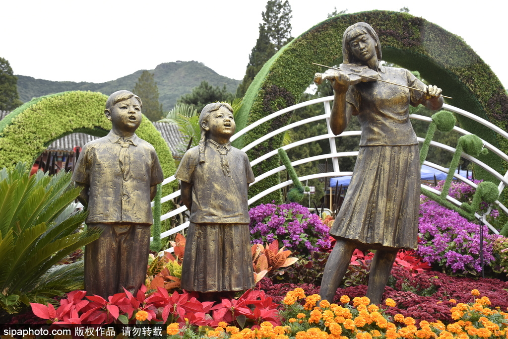 香山公园摆放“曲赞美好”花坛，唱出了人民祝福祖国主旋律